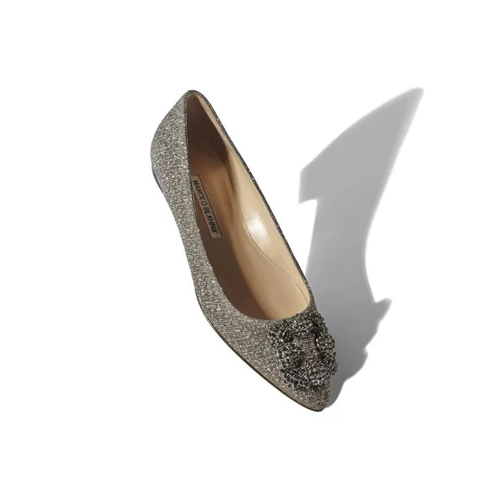 Giày Manolo Blahnik Gold Textile Jewel Buckle Flat Shoes