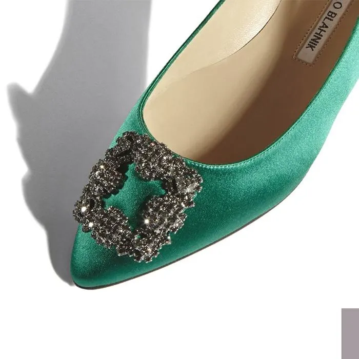Giày Bệt Manolo Hangisifat Blahnik Green Satin Jewel Buckle Flats