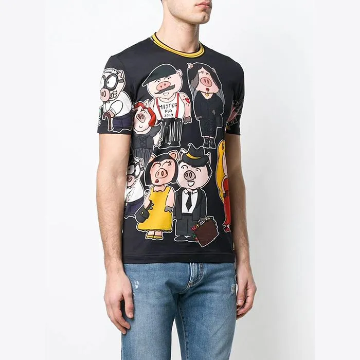Áo Phông Nam Dolce & Gabbana D&G Pig Family Short Sleeved T-Shirt Màu Đen Size 48