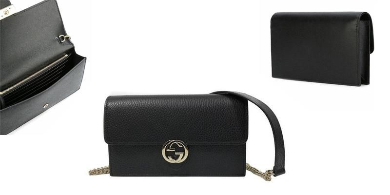 Gucci 510314 Interlocking Leather Chain Crossbody Wallet Bag, Black