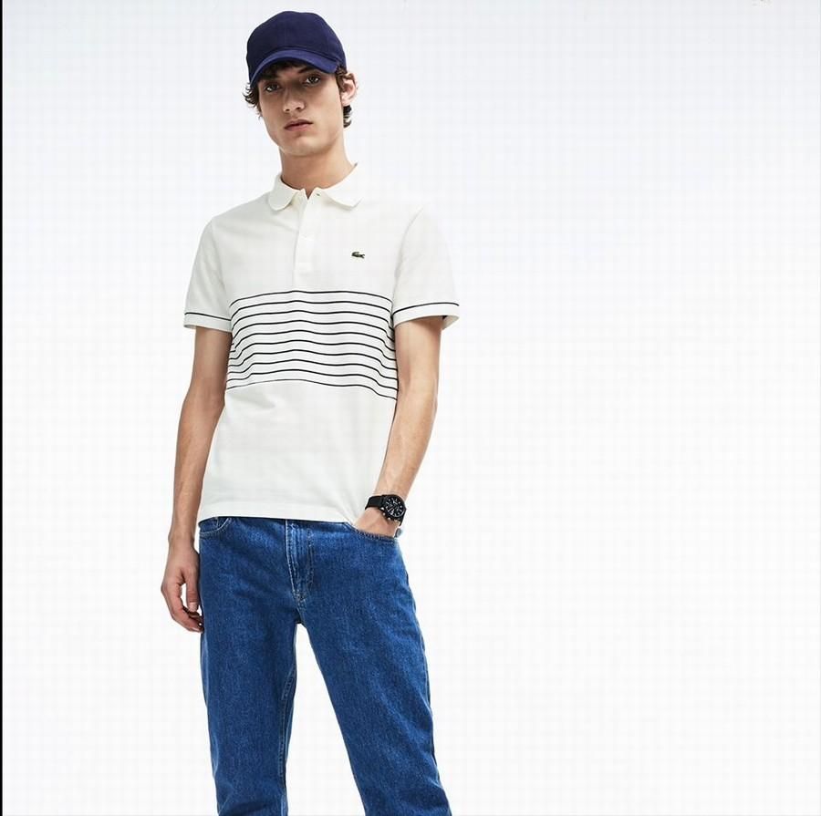 Áo Phông Men's Lacoste Striped Cotton Petit Pique Polo Shirt Màu Trắng Size S - 1