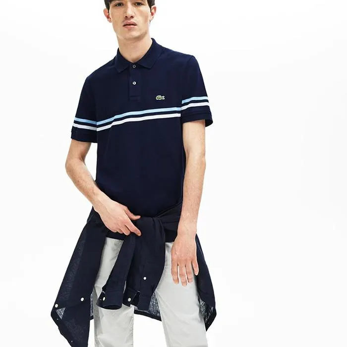 Áo Phông Lacoste Regular Fit Tricolour Striped Polo Shirt Màu Xanh Navy Size S