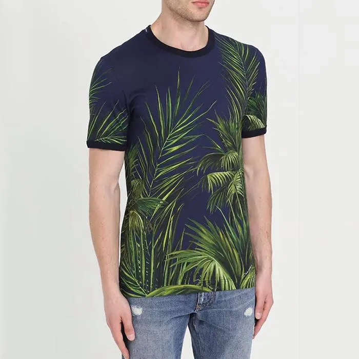 Áo Thun Nam Dolce & Gabbana D&G Men’s T-Shirt Màu Xanh Navy Họa Tiết Lá Cây Size M