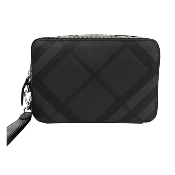 Túi Clutch Burberry London Check Collection Cormac Double Zip Charcoal Màu Đen - Túi xách - Vua Hàng Hiệu