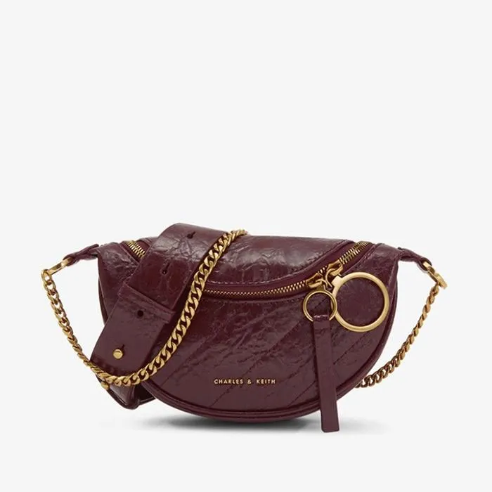 Túi Đeo Vai Nữ Charles & Keith CNK Wrinkled Patent Ring Zip Tassel Crossbody Bag CK2-80150844 Màu Đỏ Mận
