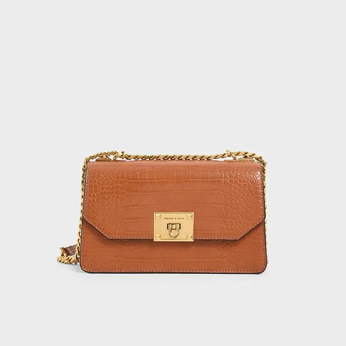 Túi Đeo Vai Nữ Charles & Keith CNK Croc-Effect Chain Strap Crossbody Bag CK2-80781126-2 Màu Nâu