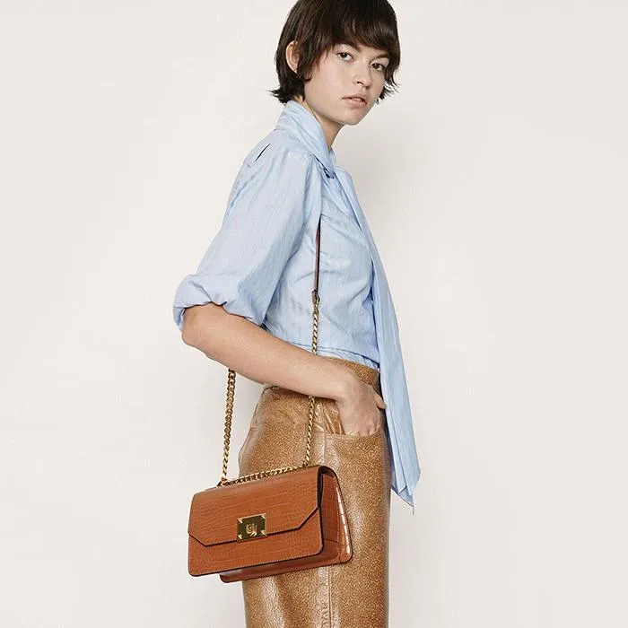 Túi Đeo Vai Nữ Charles & Keith CNK Croc-Effect Chain Strap Crossbody Bag CK2-80781126-2 Màu Nâu