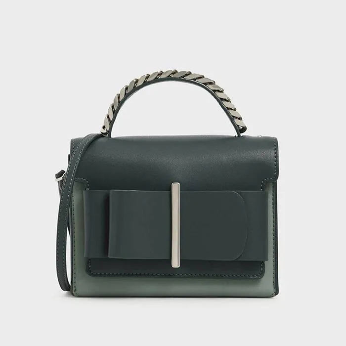Túi Cầm Tay Nữ Charles & Keith CNK Chunky Metal Top Handle Bow Flap Bag 50680795-1 Màu Xanh