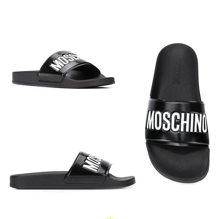 Dép Quai Ngang Moschino Embossed Logo Slides Màu Đen - Dép - Vua Hàng Hiệu