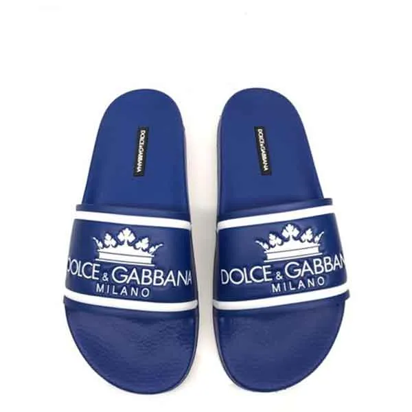 Dép Dolce & Gabbana D&G Printed Calfskin And Rubber Sliders Màu Xanh Dương