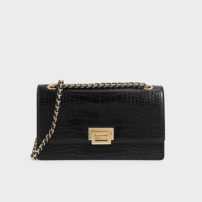 Túi Đeo Vai Nữ Charles & Keith CNK Textured Chain Handle Bag CK2-20840180-5 Màu Đen