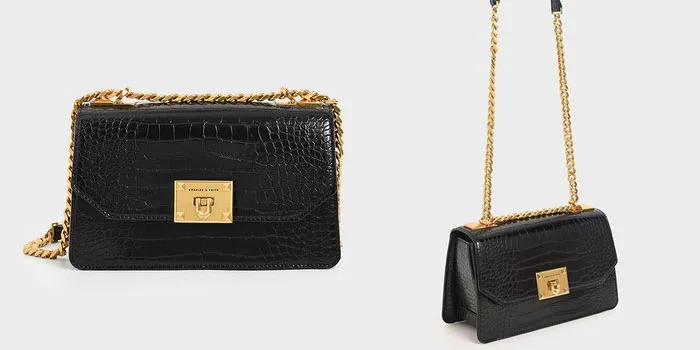 Túi Đeo Vai Nữ Charles & Keith CNK Croc-Effect Chain Strap Crossbody Bag CK2-80781126-2 Màu Đen