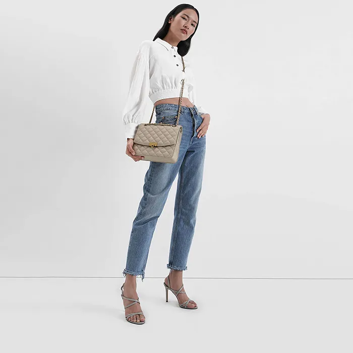 Túi Đeo Chéo Nữ Charles & Keith CNK Quilted Push-Lock Clutch CK2-70150587 Màu Be