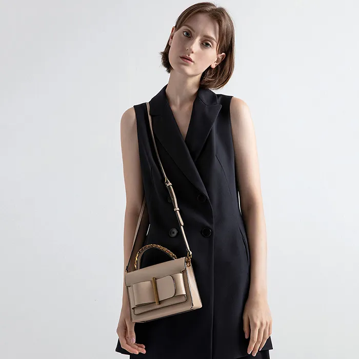 Túi Cầm Tay Nữ Charles & Keith CNK Chunky Metal Top Handle Bow Flap Bag CK2-50680795-1 Màu Be