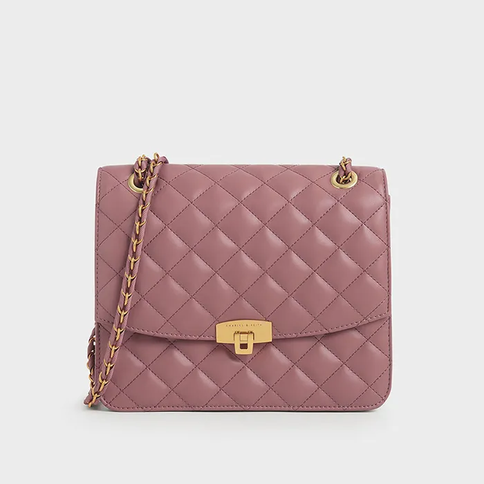 Túi Đeo Chéo Nữ Charles & Keith CNK Quilted Push-Lock Clutch CK2-70150587 Màu Hồng Rose