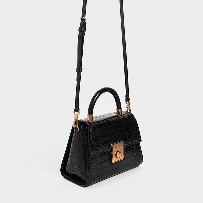 Túi Xách Tay Nữ Charles & Keith CNK Croc-Effect Structured Sculptural Bag 50781127 Màu Đen