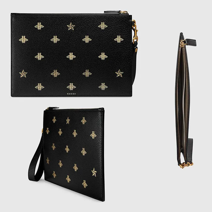 Túi Clutch Gucci Bee Star Leather Pouch Màu Đen