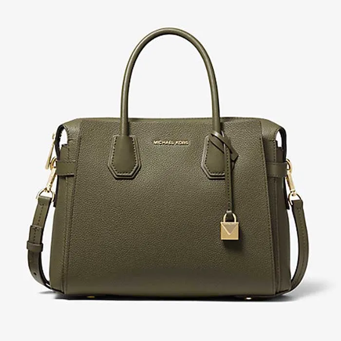 Túi Xách Michael Kors MK Mercer Medium Pebbled Leather Belted Satchel Màu Xanh Olive