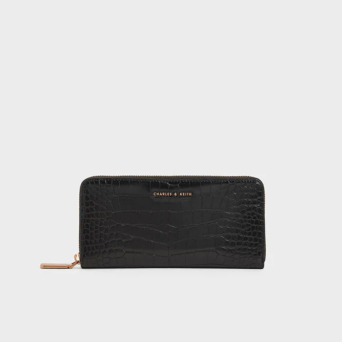 Ví Cầm Tay Nữ Charles & Keith CNK Croc-Effect Mini Long Wallet CK6-10770259-2 Màu Đen