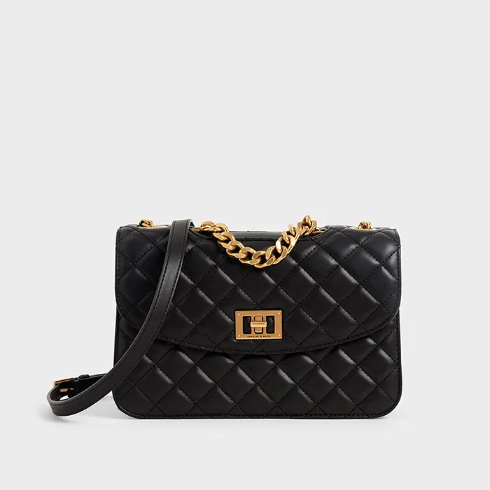 Túi Nữ Charles & Keith CNK Quilted Turn-Lock Clutch CK2-70701136-2 Màu Đen
