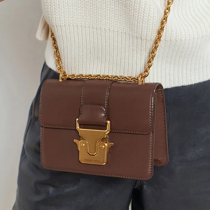 Túi Nữ Charles & Keith CNK Double Handle Metallic Push-Lock Shoulder Bag CK2-20781358 Màu Nâu
