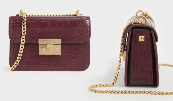 Túi Đeo Vai Nữ Charles & Keith CNK Croc-Effect Boxy Chain Strap Bag 80700972-3 Màu Đỏ Mận