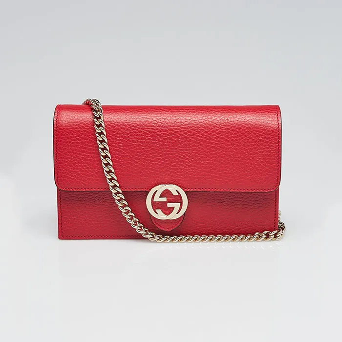 Túi Gucci Red Pebbled Leather Interlocking G Wallet On Chain Clutch Bag Màu Đỏ - Túi xách - Vua Hàng Hiệu