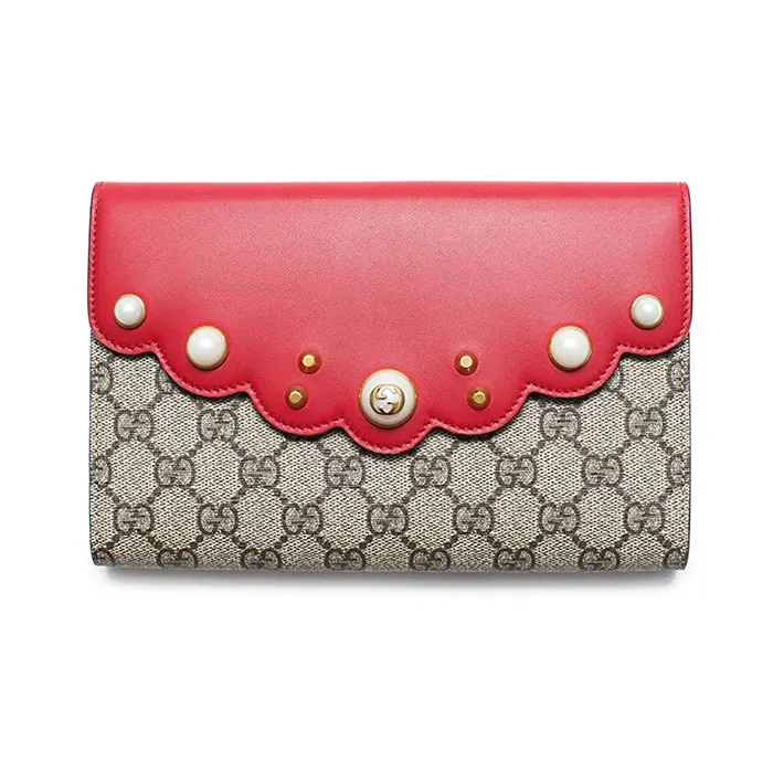 Túi Cầm Tay Gucci Supreme Pearl Studded Guccissima Red Leather Màu Nâu Đỏ