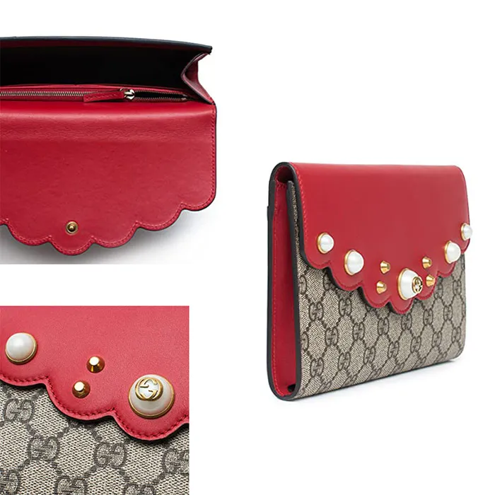 Túi Cầm Tay Gucci Supreme Pearl Studded Guccissima Red Leather Màu Nâu Đỏ