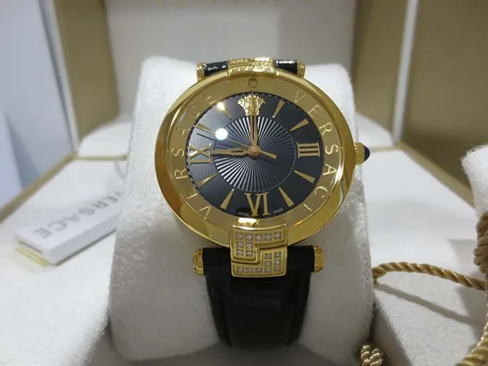 Đồng Hồ Versace Women's Revive Black Enamel Dial Leather 36 Diamonds Watch VAI060016 35mm