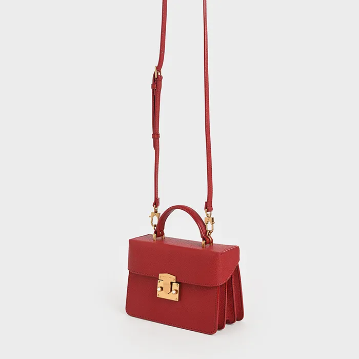 Túi Xách Tay Nữ Charles & Keith CNK Metallic Push-Lock Boxy Bag 50701101-4 Red Màu Đỏ
