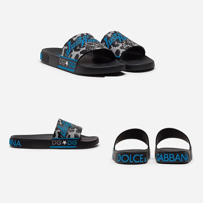 Dép Dolce & Gabbana D&G Rubber Beachwear Sliders With Jungle Sport Print Màu Đen Phối Xanh