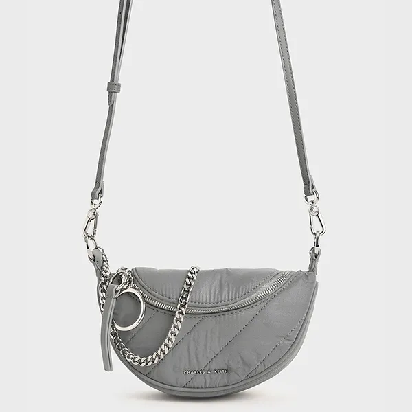 Túi Xách Nữ Charles & Keith CNK Nylon Wrinkled-Effect Saddle Bag CK2-80151004-2 Màu Xám
