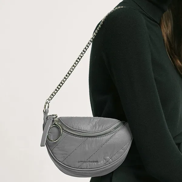 Túi Xách Nữ Charles & Keith CNK Nylon Wrinkled-Effect Saddle Bag CK2-80151004-2 Màu Xám
