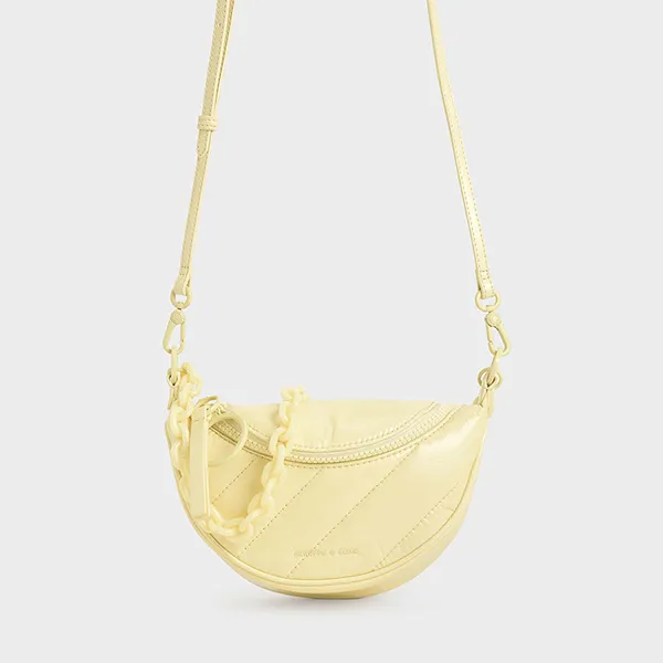 Túi Xách Nữ Charles & Keith CNK Patent Wrinkled-Effect Saddle Bag 80151004-2 Màu Vàng Chanh
