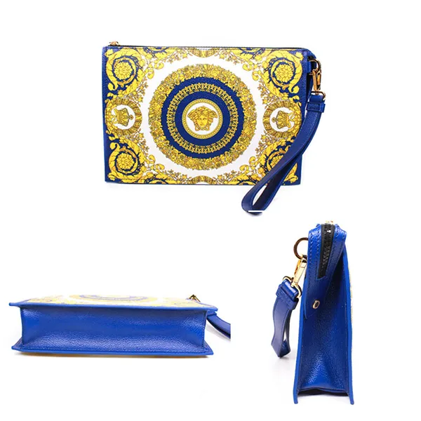 Túi Versace Medusa Wristlet Cluch Folder Blue Yellow Leather Zip Case Bag Màu Vàng Xanh