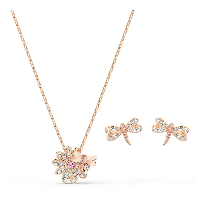 Set Dây Chuyền Và Khuyên Tai Swarovski Eternal Flower Dragonfly Set, Pink, Rose-Gold Tone Plated 5518141