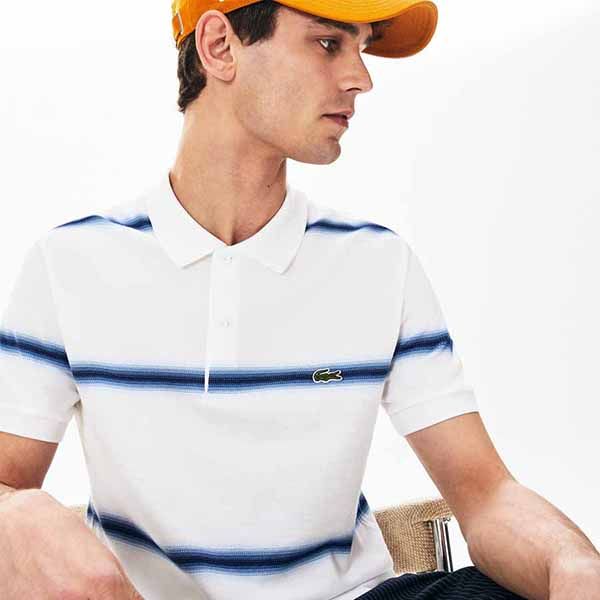 Áo Polo Lacoste Men's Made in France Regular Fit Cotton Piqué Polo Shirt Màu Trắng Kẻ Xanh Size M - 3