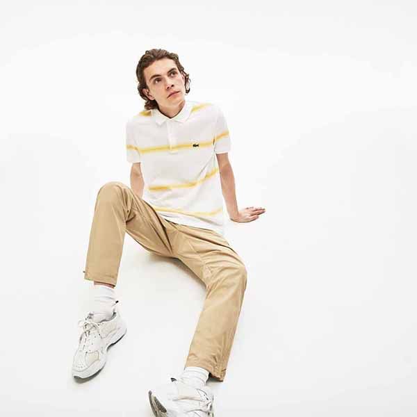 Áo Polo Lacoste Men's Made in France Regular Fit Cotton Piqué Polo Shirt Màu Trắng Kẻ Vàng Size M - 3