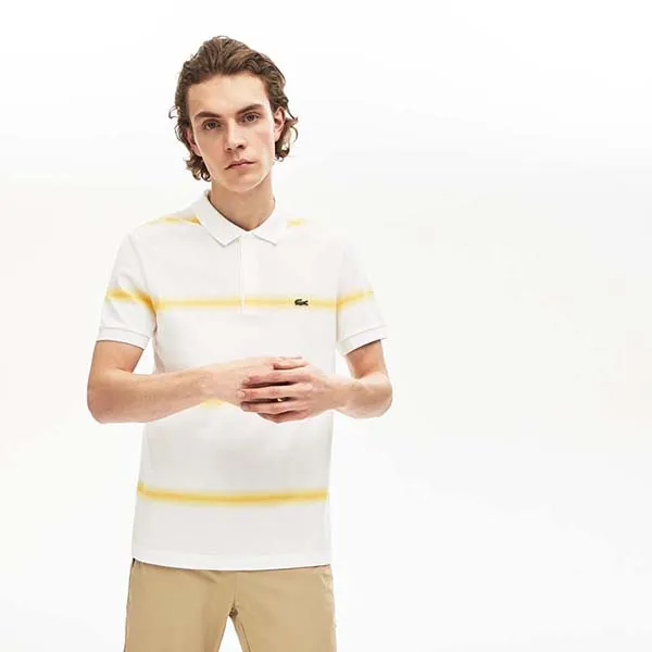 Áo Polo Lacoste Men's Made in France Regular Fit Cotton Piqué Polo Shirt Màu Trắng Kẻ Vàng Size M - 1