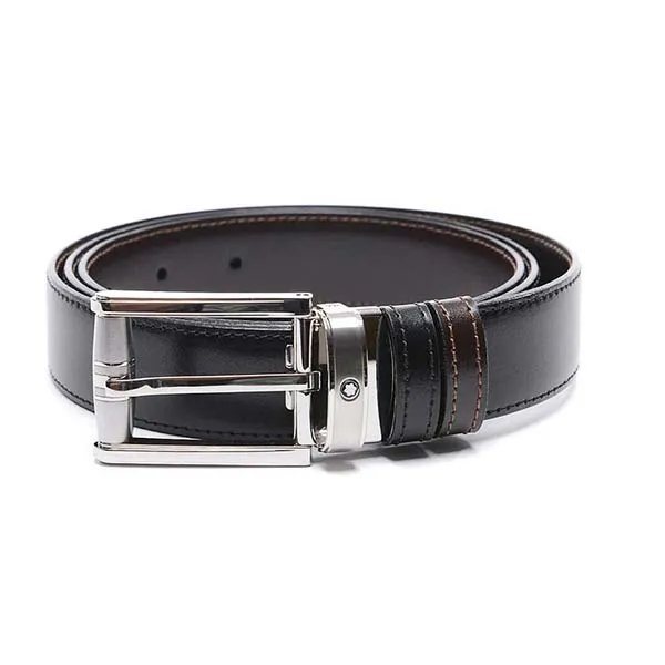 Thắt Lưng Montblanc Rectangular Pinbuckle Reversible BLK/BRN Leather Belt 114427 Hai Mặt Màu Đen Nâu Bản 3cm Size 105