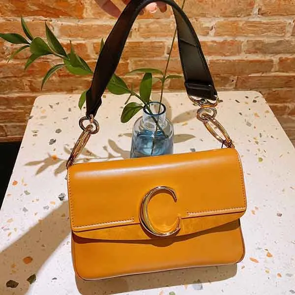 Túi Đeo Vai Chloé C Small Double Carry Bag In Shiny & Suede Calfskin Màu Vàng Nâu - 1