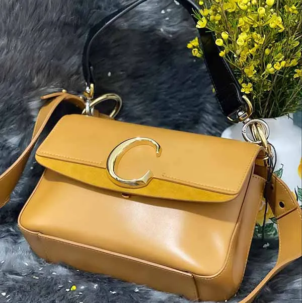 Túi Đeo Vai Chloé C Small Double Carry Bag In Shiny & Suede Calfskin Màu Vàng Nâu - 2