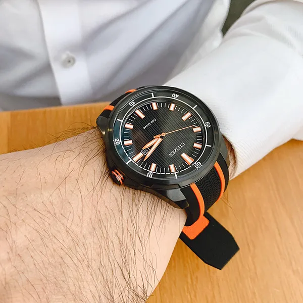 Đồng Hồ Nam Citizen AW1608-01E Ar Black Dial Orange Stainless Steel Màu Đen Phối Cam