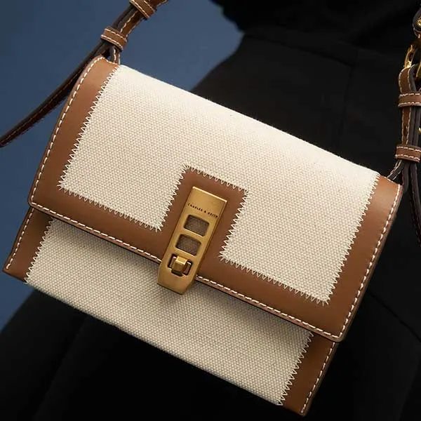 Túi Nữ Charles & Keith CNK Canvas Turn-Lock Chain Handle Bag CK2-50270644 Màu Be