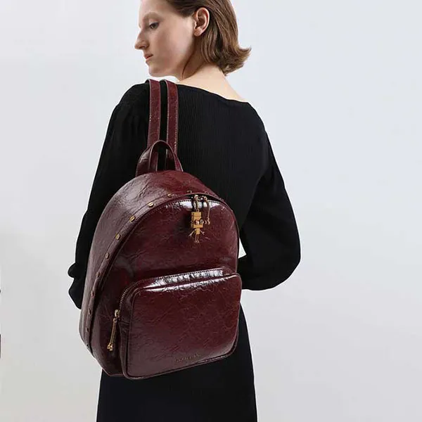 Balo Nữ Charles & Keith CNK Robot Charm Wrinkled Patent Backpack Màu Đỏ