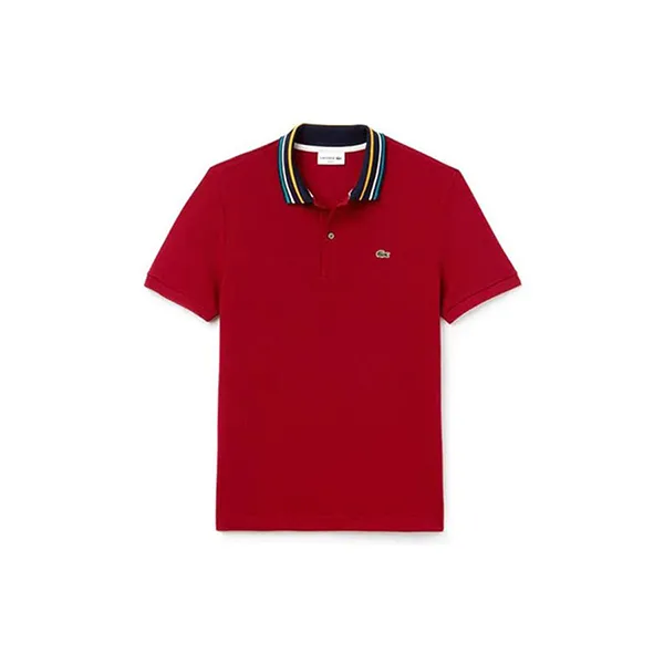Áo Lacoste Men's Slim Fit Striped Contrast Collar Petit Pique Polo Shirt Màu Đỏ Size XS
