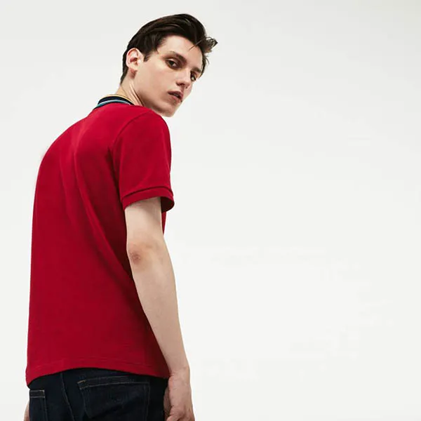 Áo Lacoste Men's Slim Fit Striped Contrast Collar Petit Pique Polo Shirt Màu Đỏ Size XS