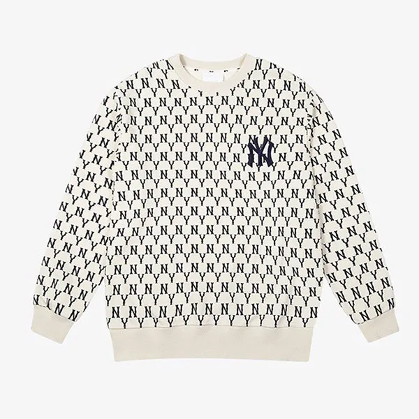 Áo Nỉ Sweater MLB Tay Dài Cổ Tròn Full Side Monogram Overfit Màu Trắng Size M