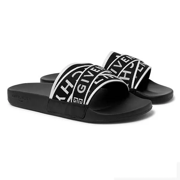 Dép Quai Ngang Givenchy Logo-Jacquard Webbing, Leather and Rubber Slides Màu Đen Size 39